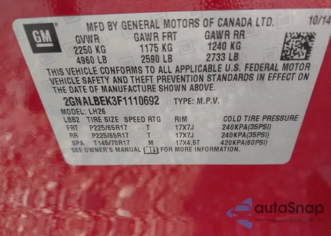 2015 Chevrolet Equinox Lt z USA, uszkodzony, nr VIN 2GNALBEK3F1110692